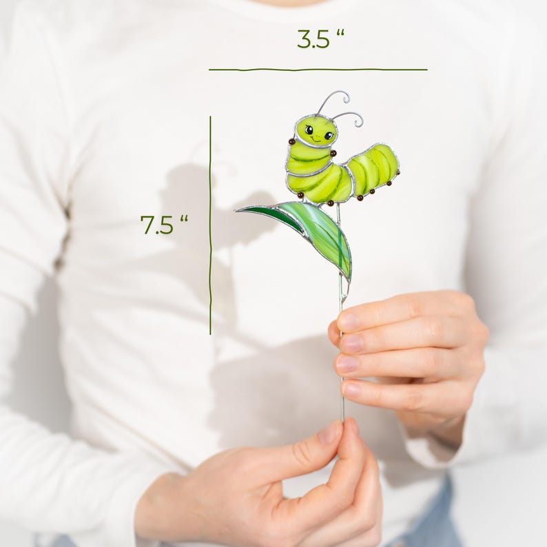 Estaca de jardim em forma de lagarta de vitral para decoração de vasos de plantas - Presente divertido para o jardim