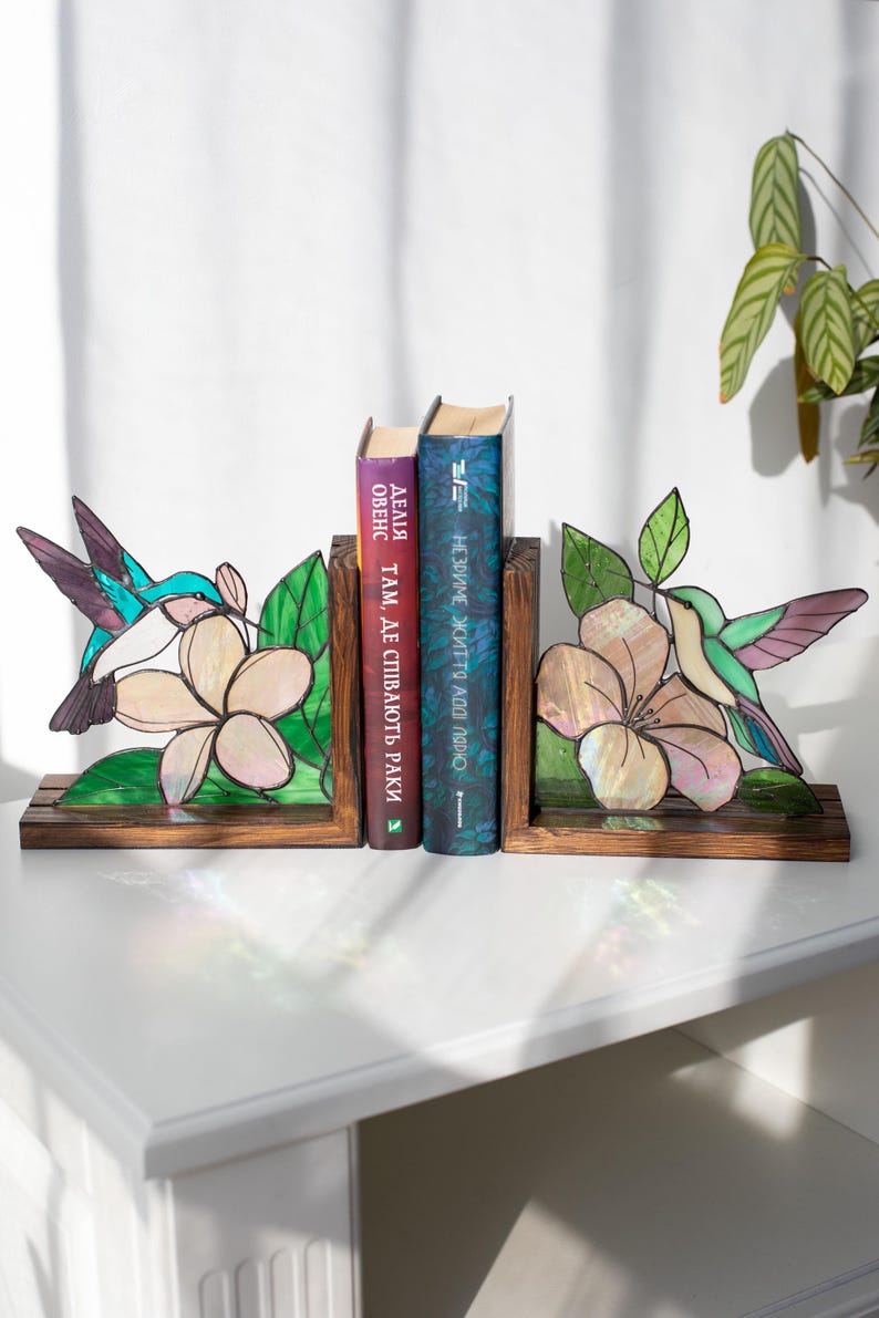 Suporte para livros de vidro colorido estilo vitral beija-flor flores decoração