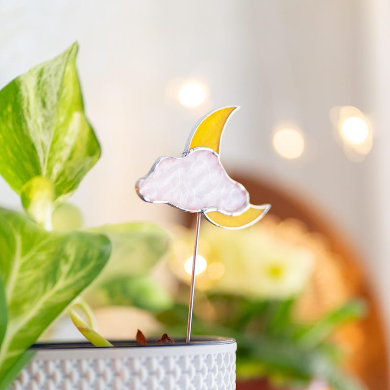 Estacas de plantas com sol e lua em vitral, decoração celestial para vasos, presente para melhor amiga.