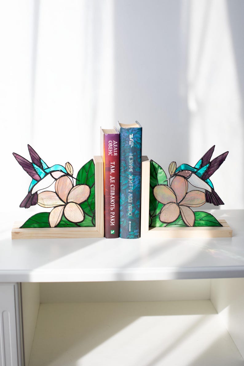 Suporte para livros de vidro colorido estilo vitral beija-flor flores estante