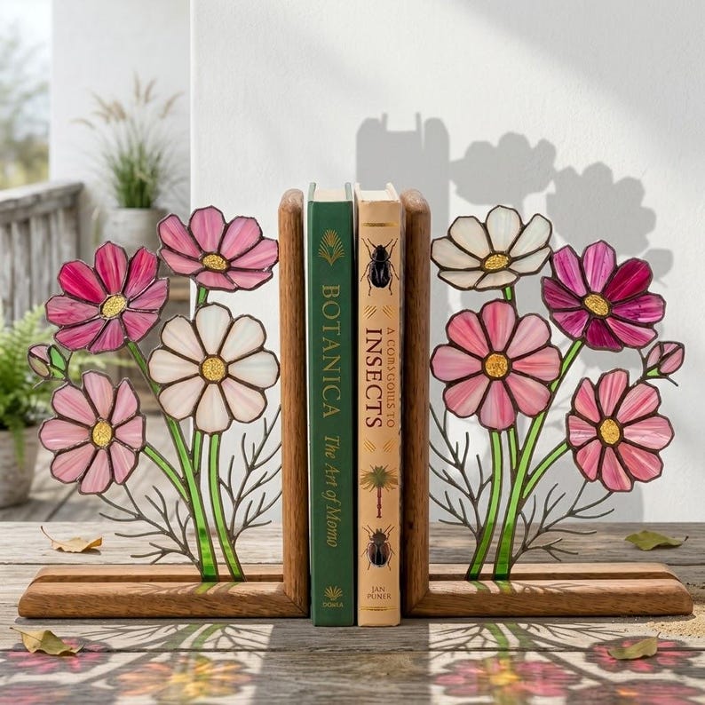 Suporte para livros de vidro colorido estilo vitral cosmos flor outubro