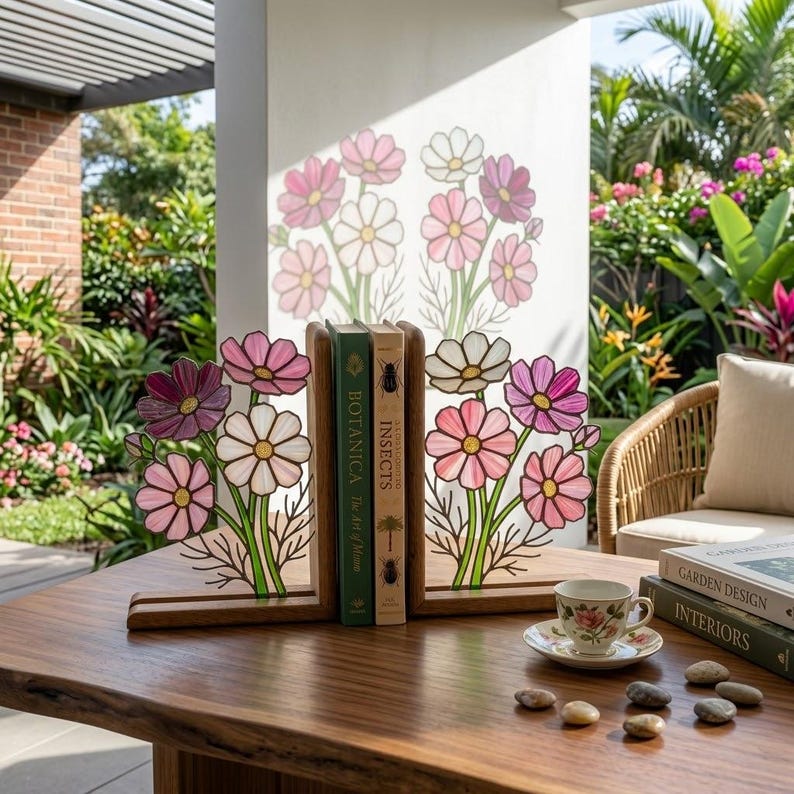 Suporte para livros de vidro colorido estilo vitral cosmos flor outubro