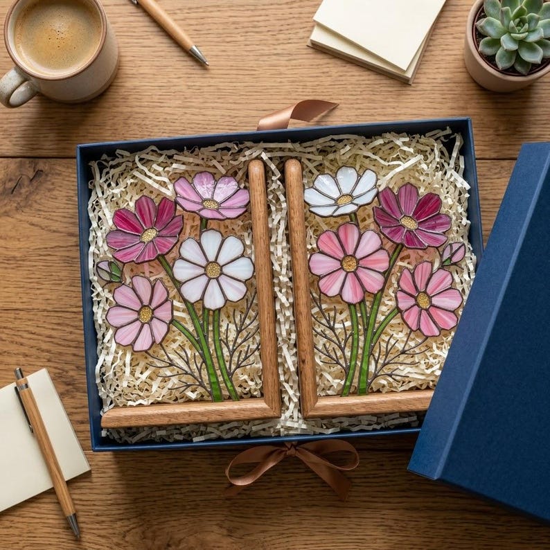 Suporte para livros de vidro colorido estilo vitral cosmos flor outubro