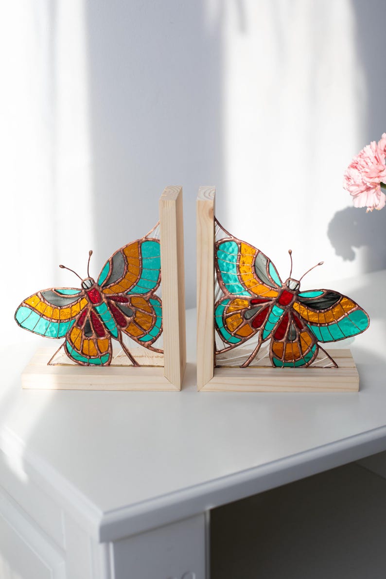 Suporte para livros de vidro colorido estilo vitral borboleta decoração estante