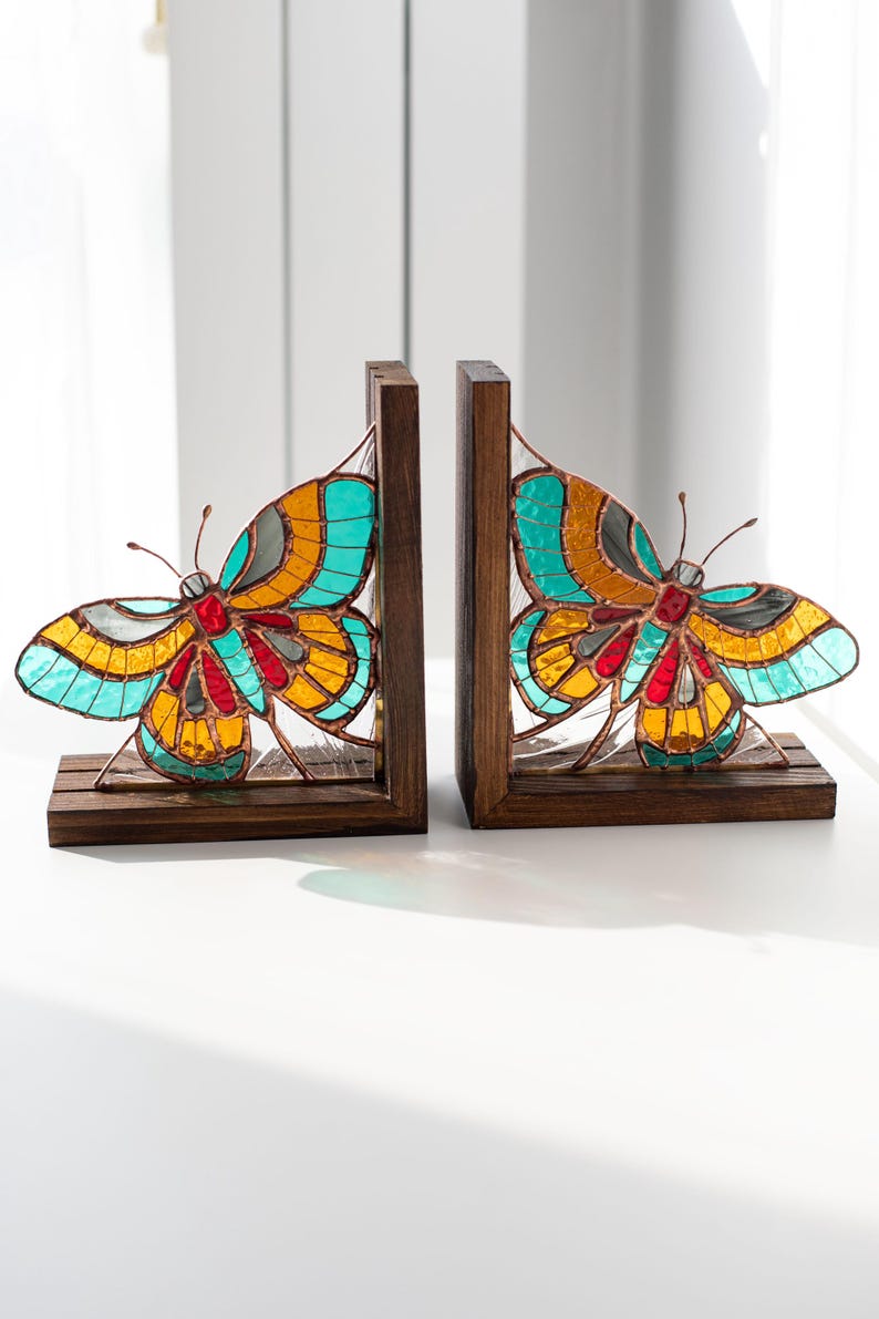 Suporte para livros de vidro colorido estilo vitral borboleta decoração estante