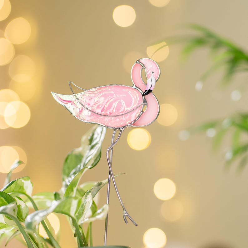 Estacas de plantas em vitral com flamingo rosa, decoração romântica para jardim, presente para ela.