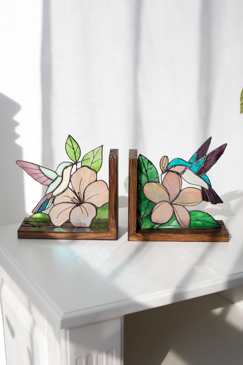 Suporte para livros de vidro colorido estilo vitral beija-flor flores decoração