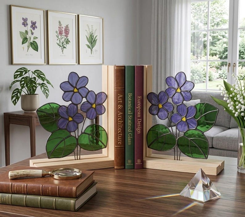 Suporte para livros de vidro colorido estilo vitral violeta africana floral