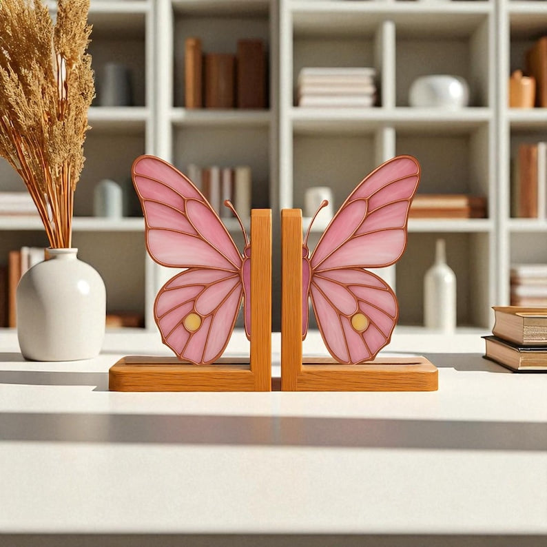 Suporte para livros de vidro colorido estilo vitral borboleta rosa decoração