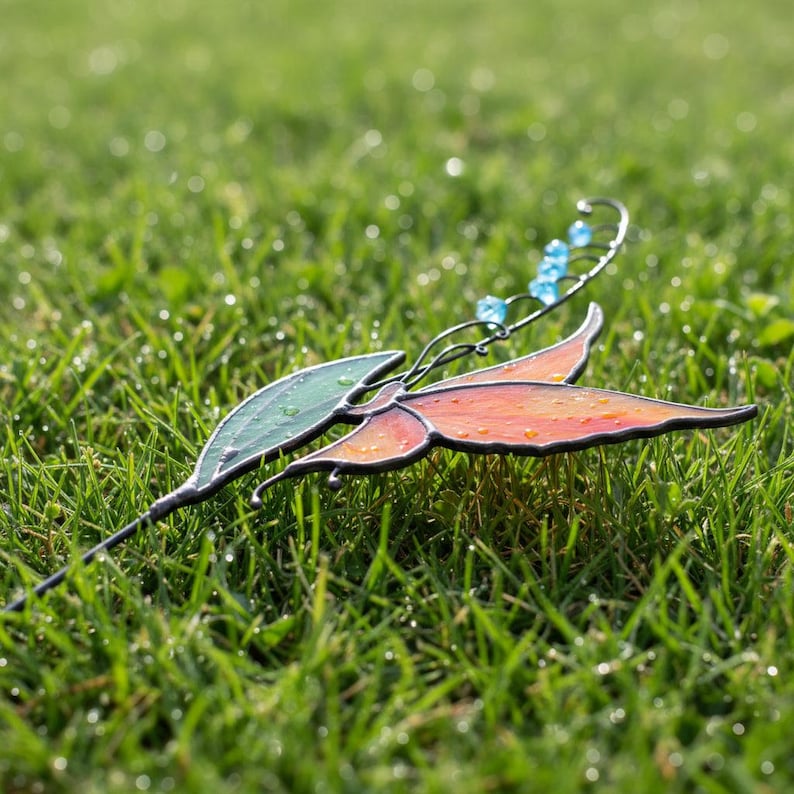 Butterfly plant stake gifts for mom garden, Lily of the Valley with butterfly Stained Glass gifts for grandma