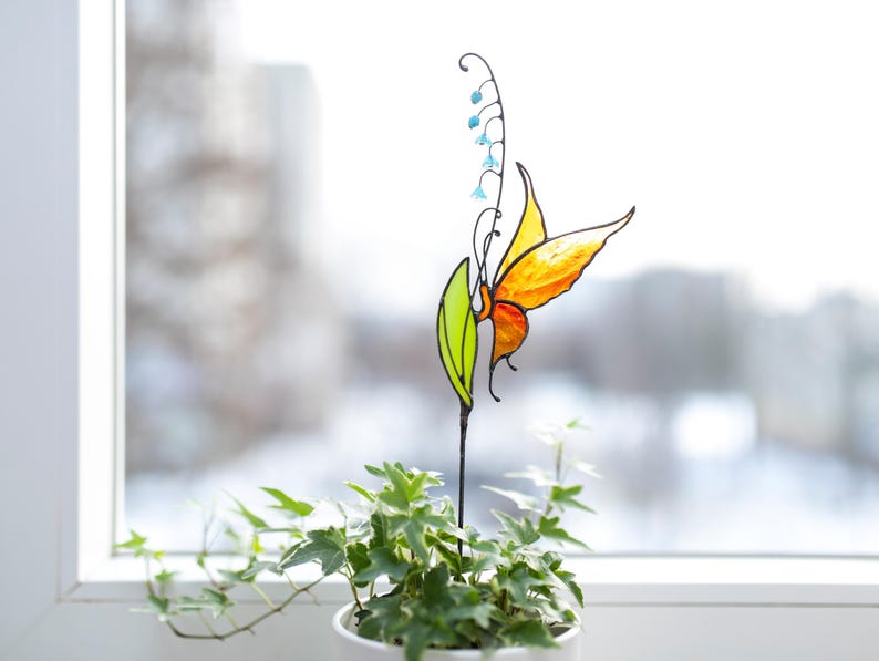 Butterfly plant stake gifts for mom garden, Lily of the Valley with butterfly Stained Glass gifts for grandma