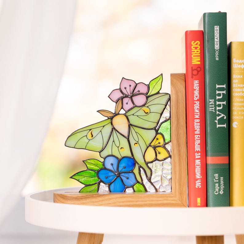 Suporte para livros de vidro colorido estilo vitral mariposa lunar presente mãe