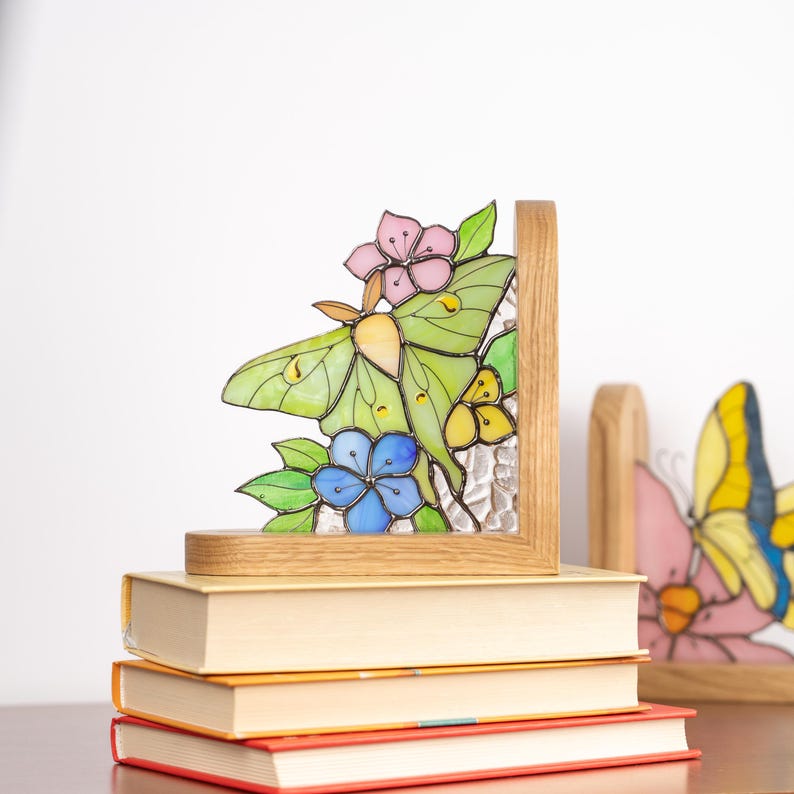 Suporte para livros de vidro colorido estilo vitral mariposa lunar presente mãe