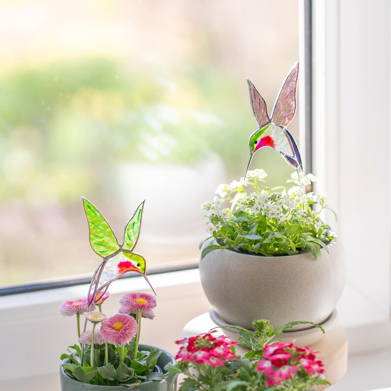 Suportes de plantas em vitral com beija-flor para decoração de janelas, um presente perfeito para mães ou avós.