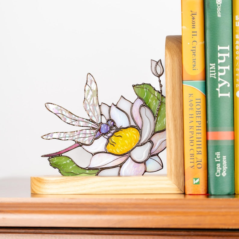 Suporte para livros de vidro colorido estilo vitral painel libélula decoração