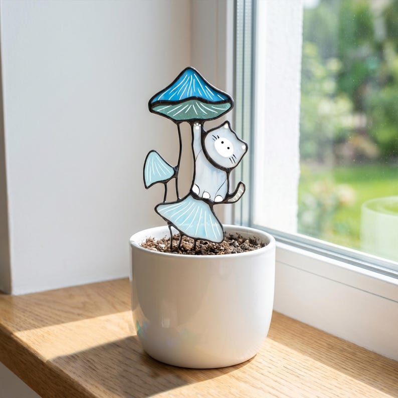 Suportes de plantas em vitral com formato de gato, suporte de jardim em formato de cogumelo, decoração artesanal com tema de gato, suporte fofo para vaso de suculentas, presente para amantes de plantas