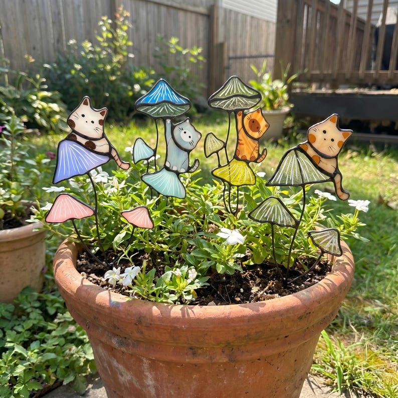 Suportes de plantas em vitral com formato de gato, suporte de jardim em formato de cogumelo, decoração artesanal com tema de gato, suporte fofo para vaso de suculentas, presente para amantes de plantas