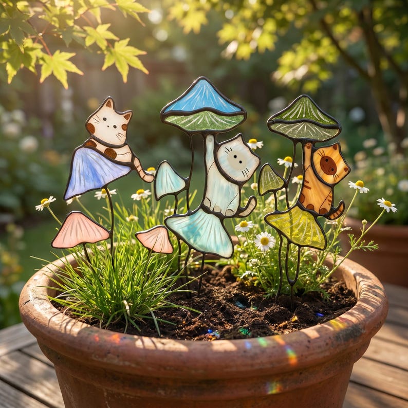 Suportes de plantas em vitral com formato de gato, suporte de jardim em formato de cogumelo, decoração artesanal com tema de gato, suporte fofo para vaso de suculentas, presente para amantes de plantas