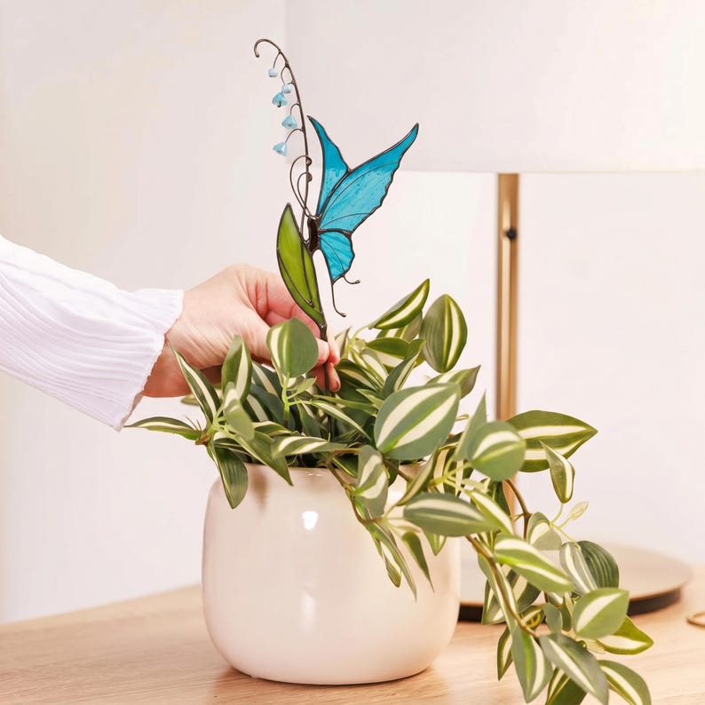 Butterfly plant stake gifts for mom garden, Lily of the Valley with butterfly Stained Glass gifts for grandma