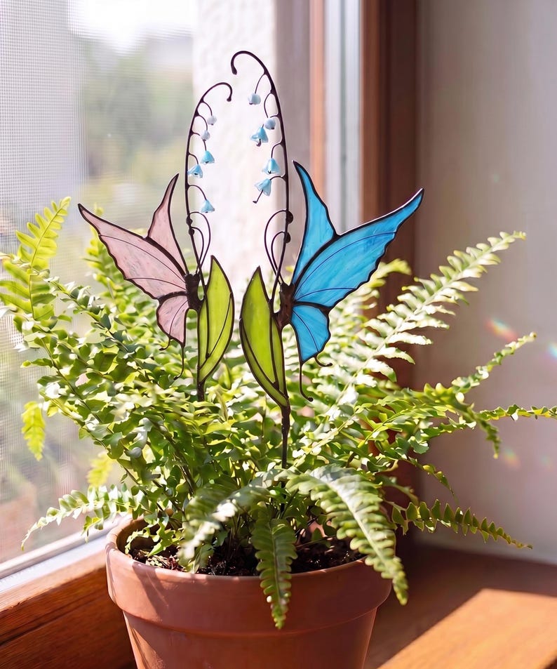 Butterfly plant stake gifts for mom garden, Lily of the Valley with butterfly Stained Glass gifts for grandma