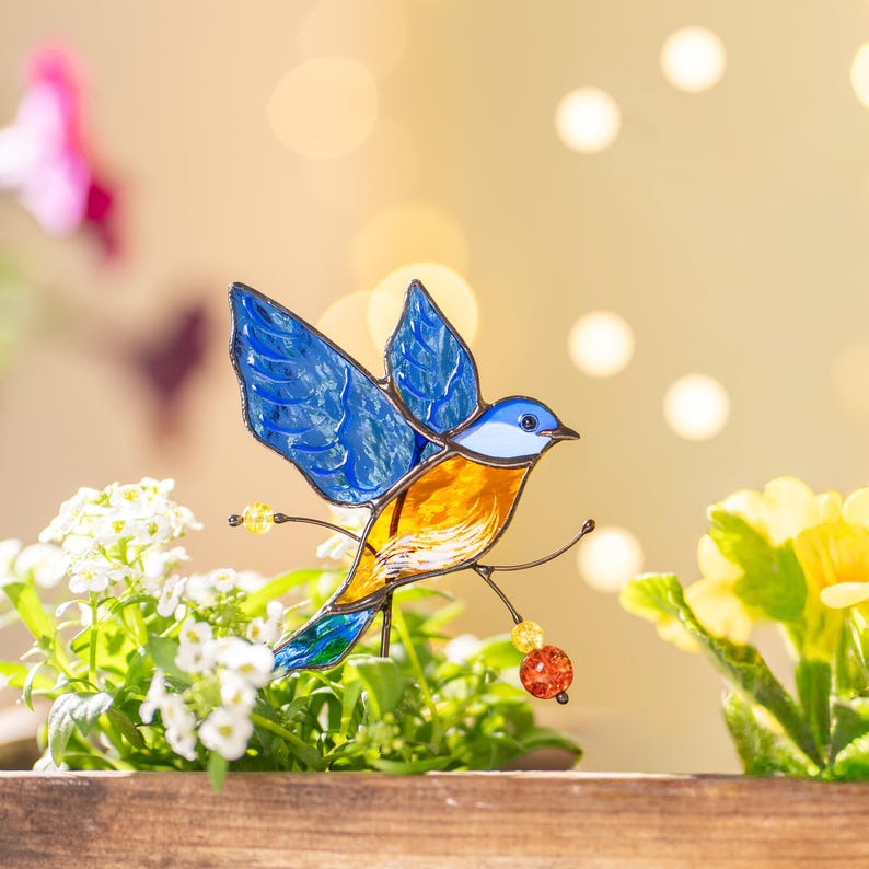 Estacas de plantas em vitral com pássaro azul, presente para observadores de pássaros, amantes da natureza e decoração para casa.