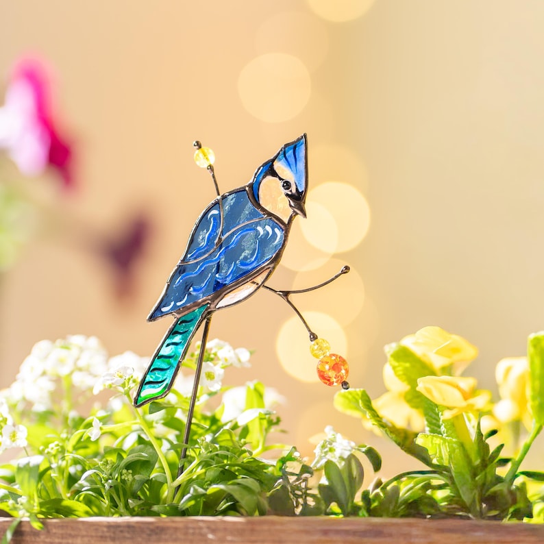 Estaca de jardim em vitral de gaio-azul para plantas de janela - Ideia de presente original
