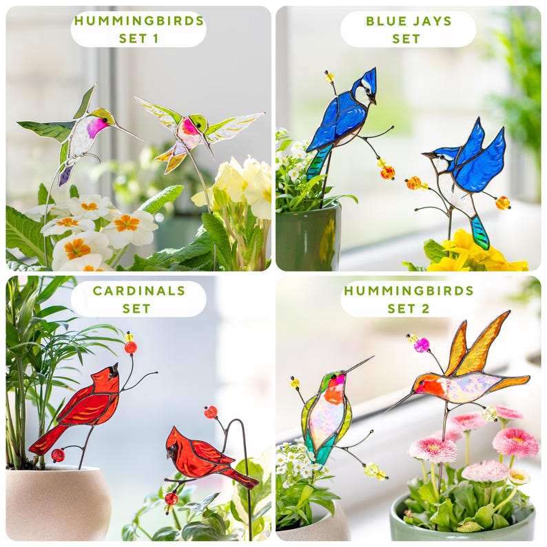 Estacas de jardim em vitral com desenho de chapim-de-cabeça-preta para plantas de interior, decoração de casa de campo, presente para a família