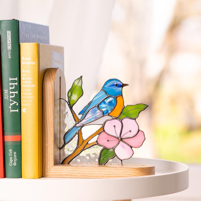 Suporte para livros de vidro colorido estilo vitral pássaro azul decoração