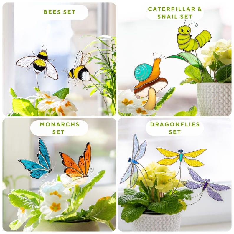 Acessórios de decoração para plantas em vitral com joaninha, ideal para casa nova, presente de aniversário para amiga.