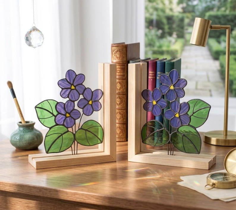 Suporte para livros de vidro colorido estilo vitral violeta africana floral