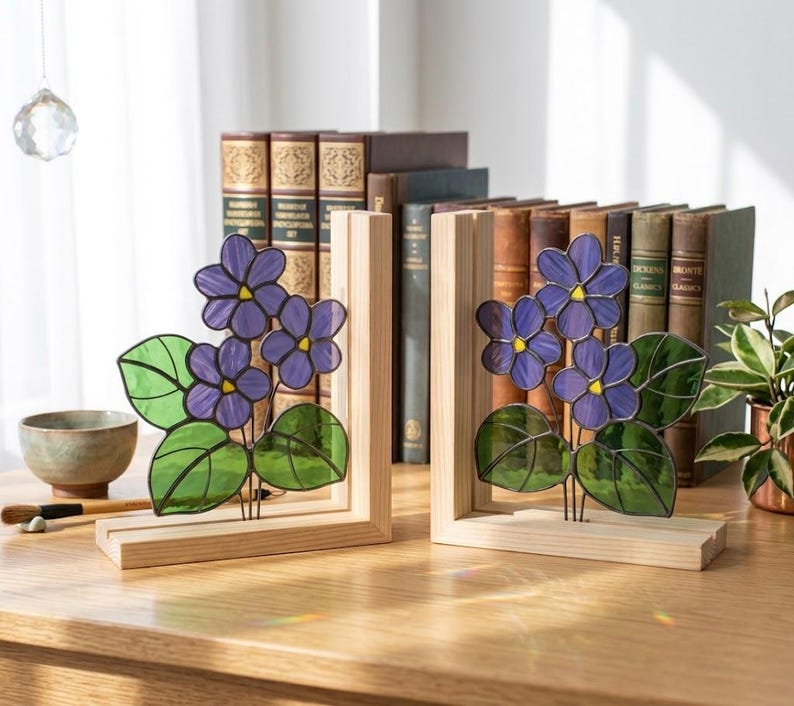 Suporte para livros de vidro colorido estilo vitral violeta africana floral