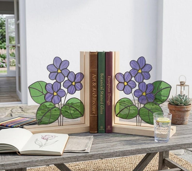 Suporte para livros de vidro colorido estilo vitral violeta africana floral