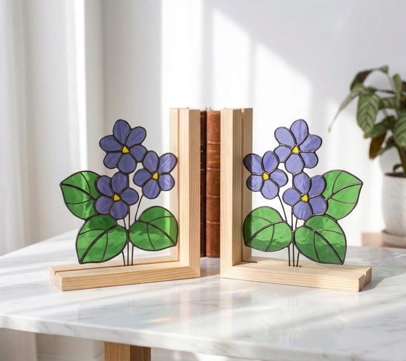 Suporte para livros de vidro colorido estilo vitral violeta africana floral