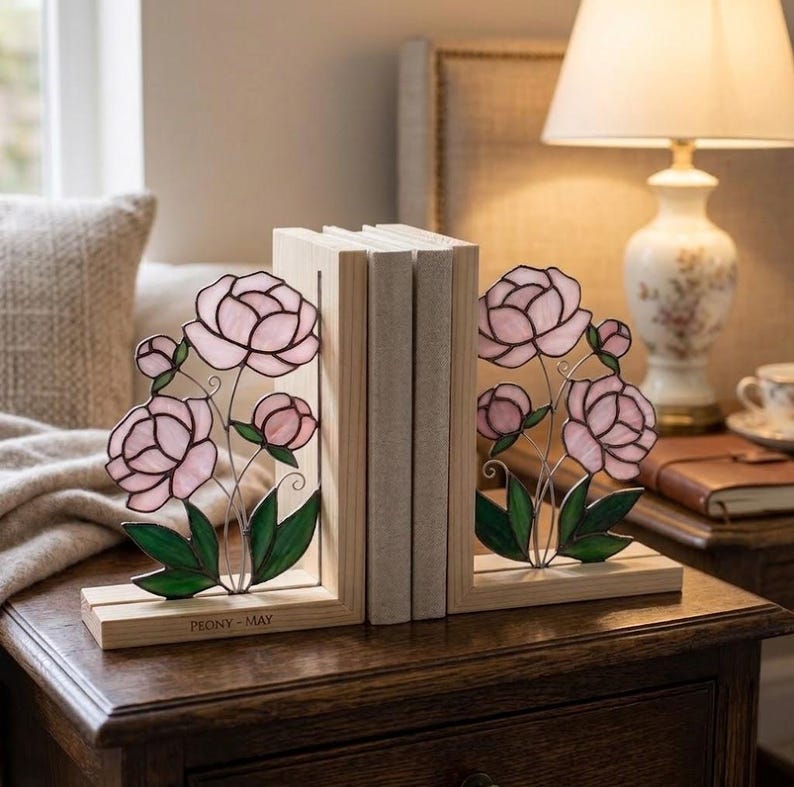 Suporte para livros de vidro colorido estilo vitral peônias floral rosa