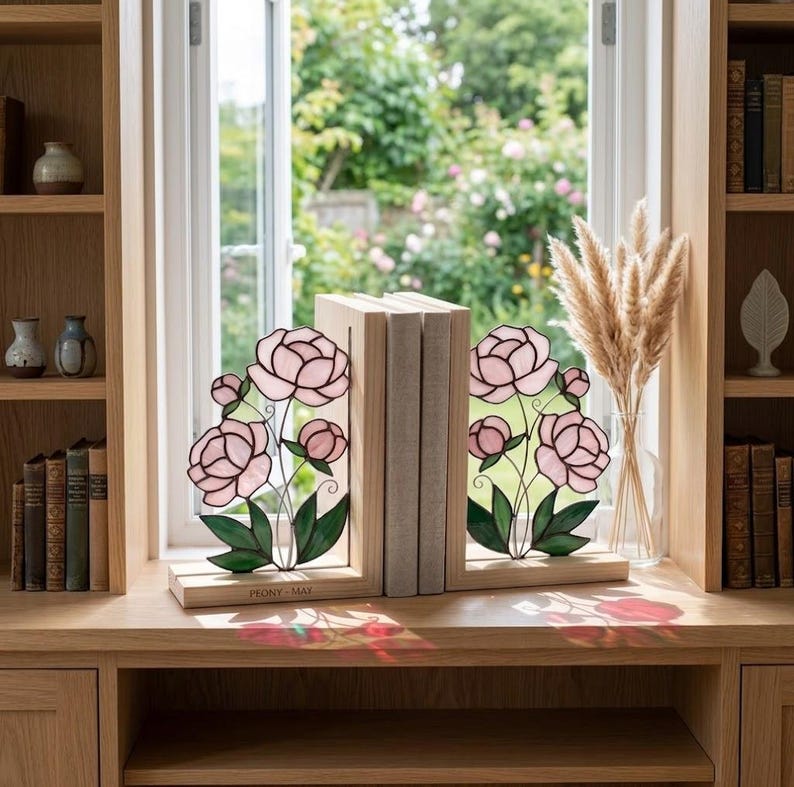 Suporte para livros de vidro colorido estilo vitral peônias floral rosa