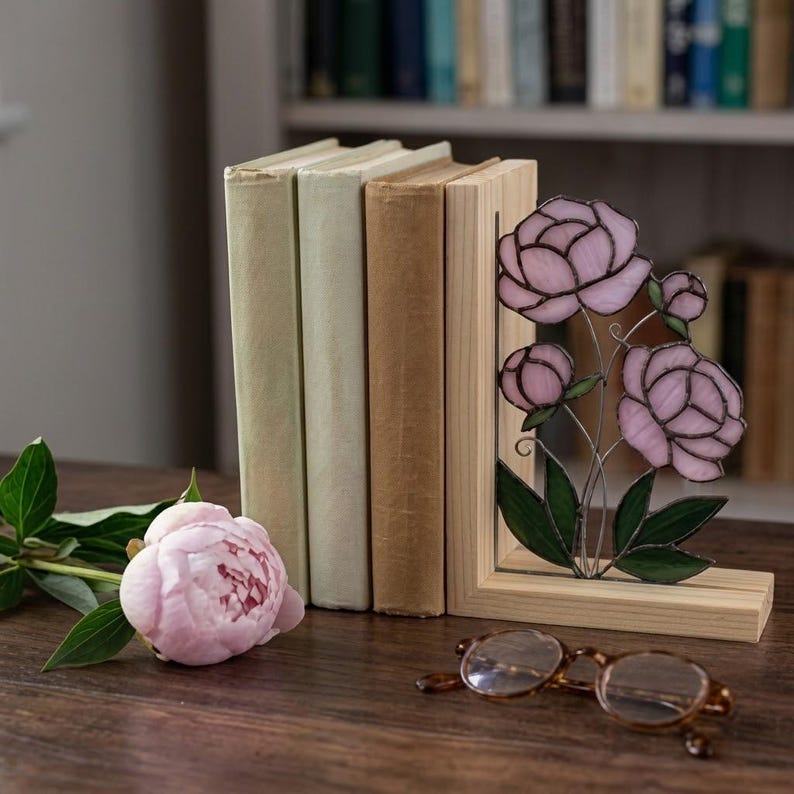Suporte para livros de vidro colorido estilo vitral peônias floral rosa