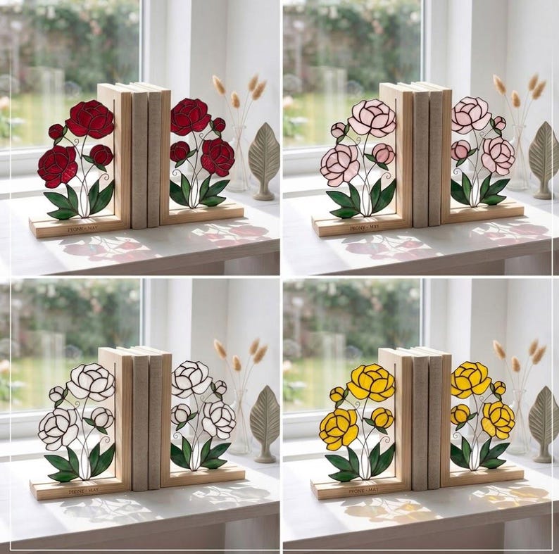 Suporte para livros de vidro colorido estilo vitral peônias floral rosa