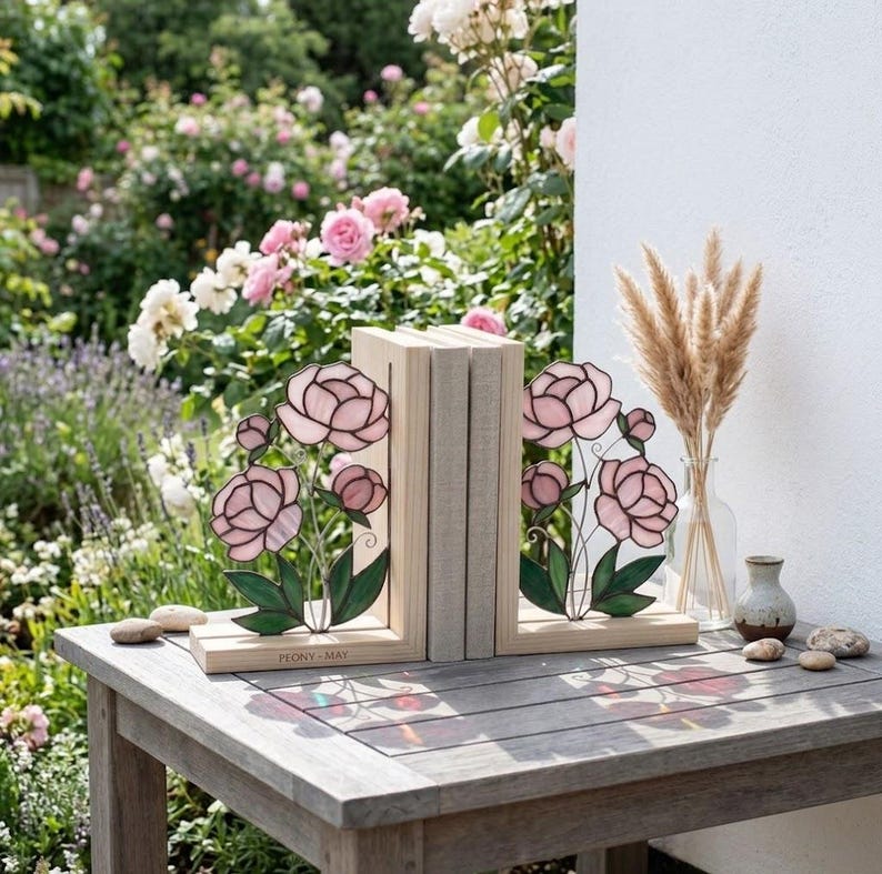 Suporte para livros de vidro colorido estilo vitral peônias floral rosa