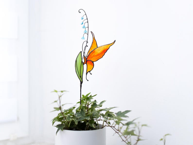 Butterfly plant stake gifts for mom garden, Lily of the Valley with butterfly Stained Glass gifts for grandma