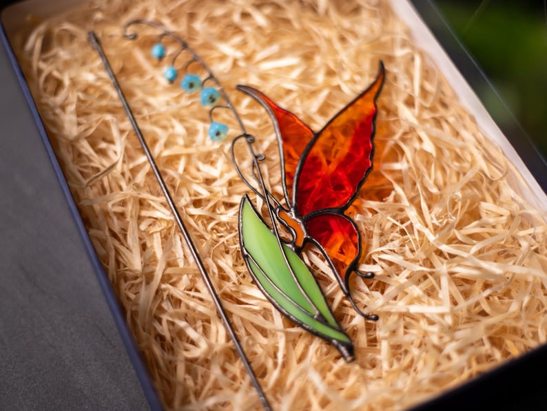 Butterfly plant stake gifts for mom garden, Lily of the Valley with butterfly Stained Glass gifts for grandma
