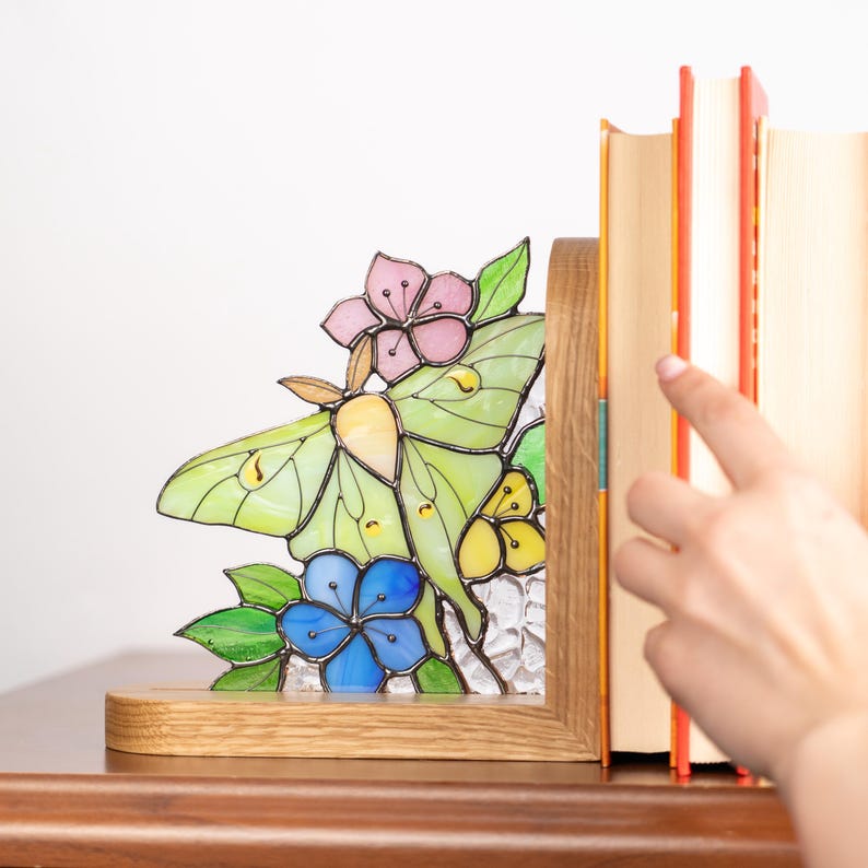Suporte para livros de vidro colorido estilo vitral mariposa lunar presente mãe
