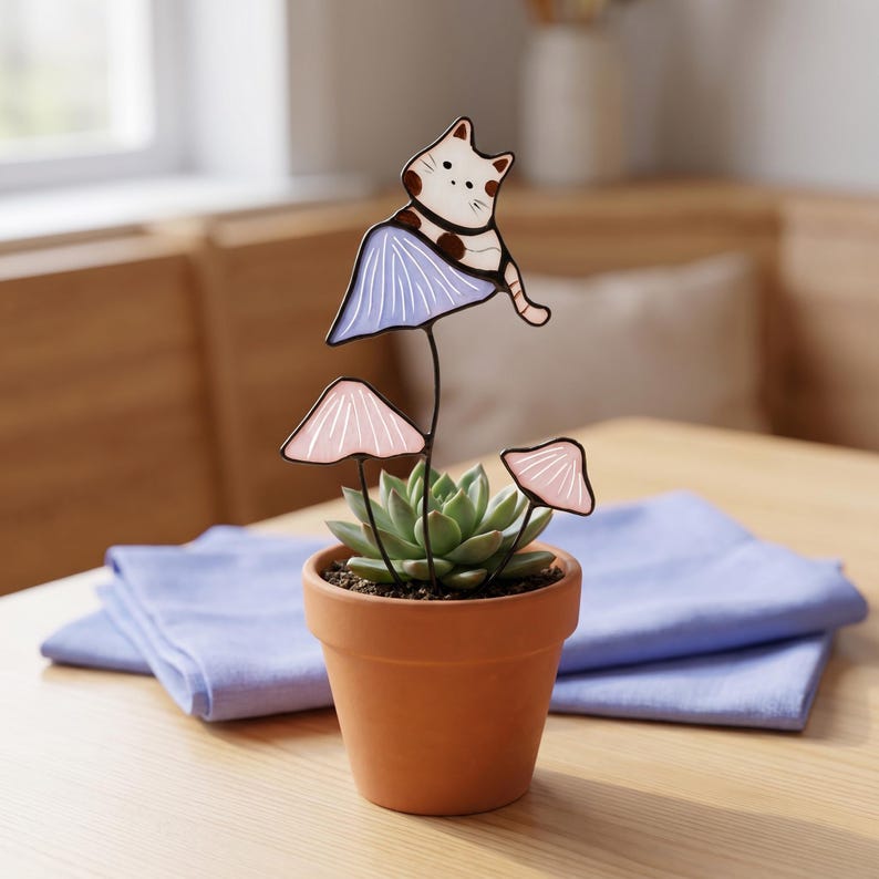 Suportes de plantas em vitral com formato de gato, suporte de jardim em formato de cogumelo, decoração artesanal com tema de gato, suporte fofo para vaso de suculentas, presente para amantes de plantas