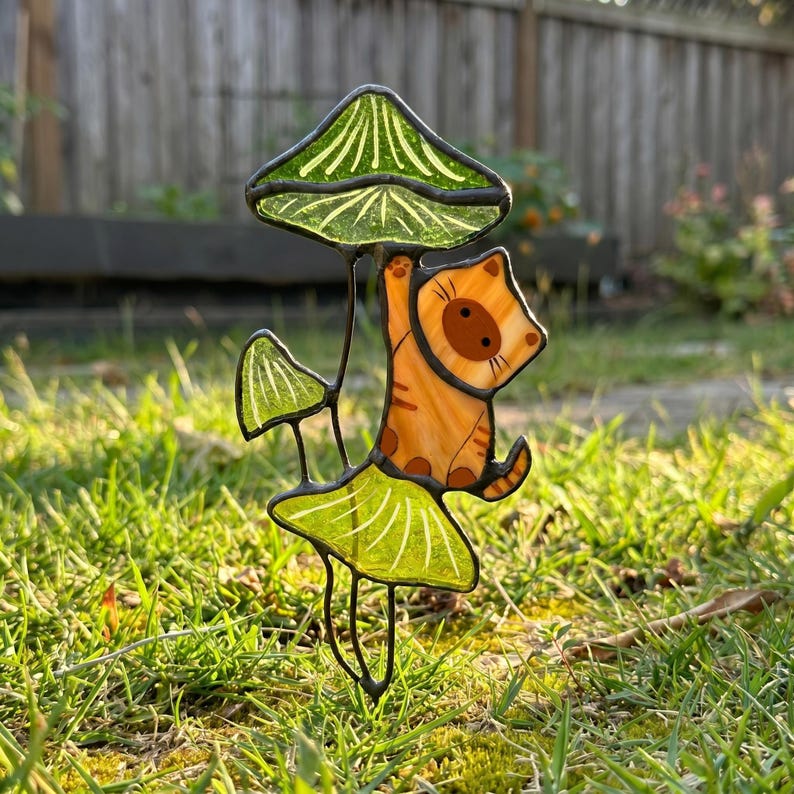 Suportes de plantas em vitral com formato de gato, suporte de jardim em formato de cogumelo, decoração artesanal com tema de gato, suporte fofo para vaso de suculentas, presente para amantes de plantas