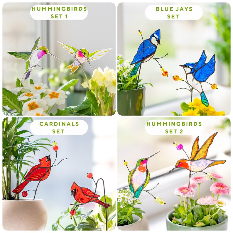 Estacas de plantas em vitral com pássaro azul, presente para observadores de pássaros, amantes da natureza e decoração para casa.