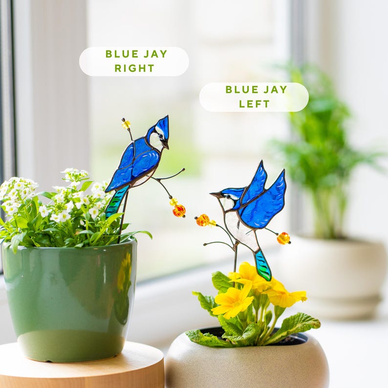 Estaca de jardim em vitral de gaio-azul para plantas de janela - Ideia de presente original