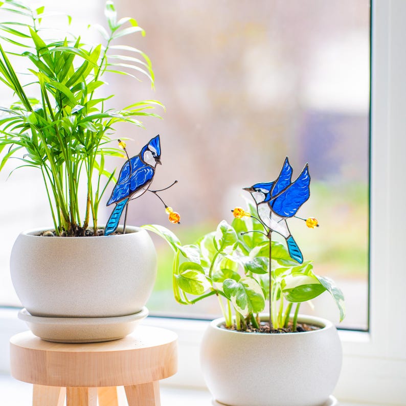 Estaca de jardim em vitral de gaio-azul para plantas de janela - Ideia de presente original