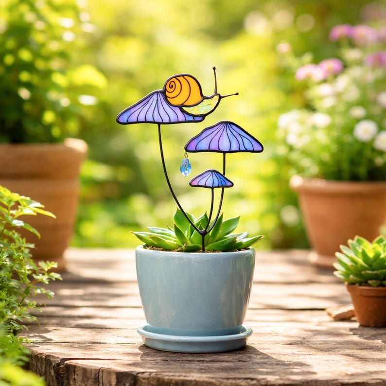 Suporte para plantas em forma de cogumelos rosa iridescentes com caracol. Suporte de vitral para jardim. Decoração de cogumelos. Decoração de cozinha exclusiva. Presente para a mãe.