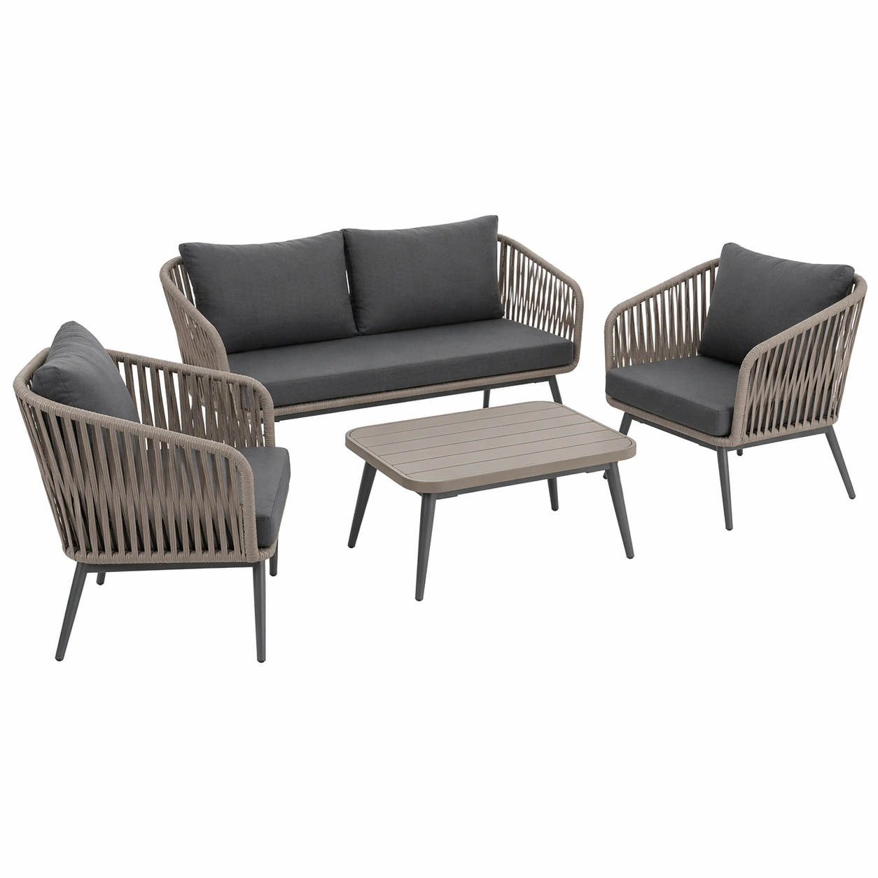 4-teiliges Gartenmoebel Set aus Polyrattan mit 2 Sesseln, 2-Sitzer Sofa und Tisch fuer 4 Personen, modern und platzsparend, Grau-movqira