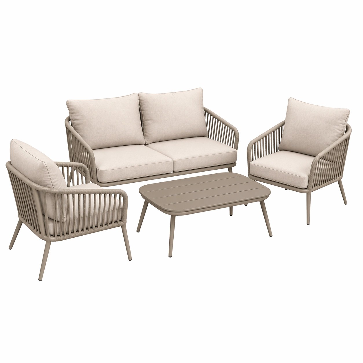 4-teiliges Gartenmoebel Set Metall Lounge Set mit 2-Sitzer Sofa, 2 Sesseln und Couchtisch mit gepolsterten Kissen fuer Terrasse und Balkon-movqira