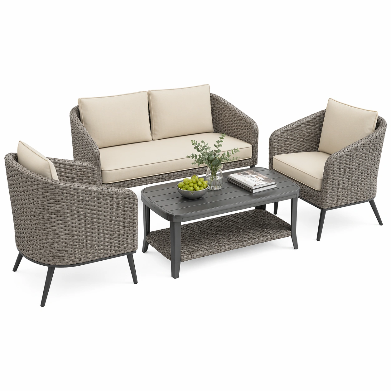 4-tlg Garten Lounge Set aus Polyrattan mit 2-Sitzer Sofa, 2 Sesseln und Couchtisch-movqira